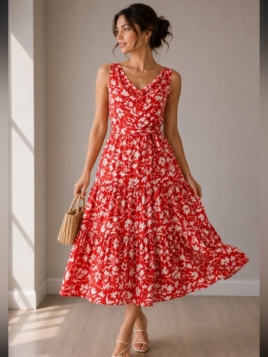 LROThschild Dresses & Skirts - LROThschild vintage tiered cress cross belted midi dress red and white s…